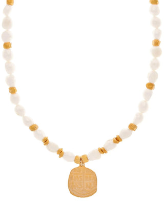 Close-up of Heraklion Pearls Necklace showing large pearls and golden sculptural accents