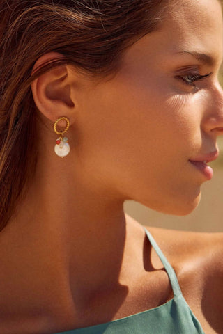 Close-up of Nikki Pearls Earrings showing pearls and golden hooks